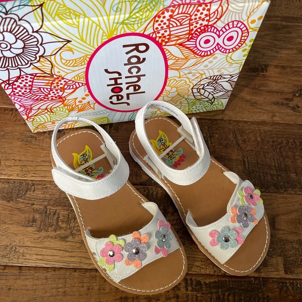 Rachel Shoes Girls Mariah Sandals White Multicolor Glitter Flowers Size 10